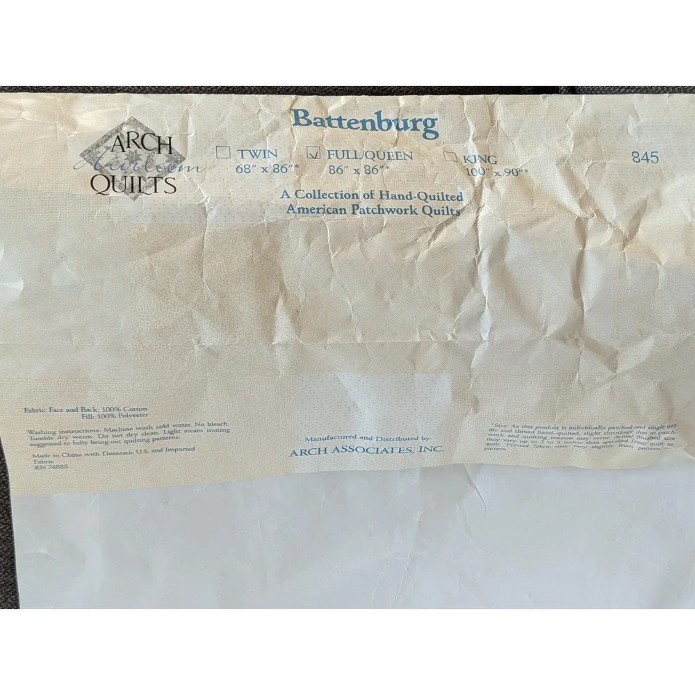 Vtg ARCH Heirloom Patchwork Hand Quilted White Battenberg Sham Lace Full Queen